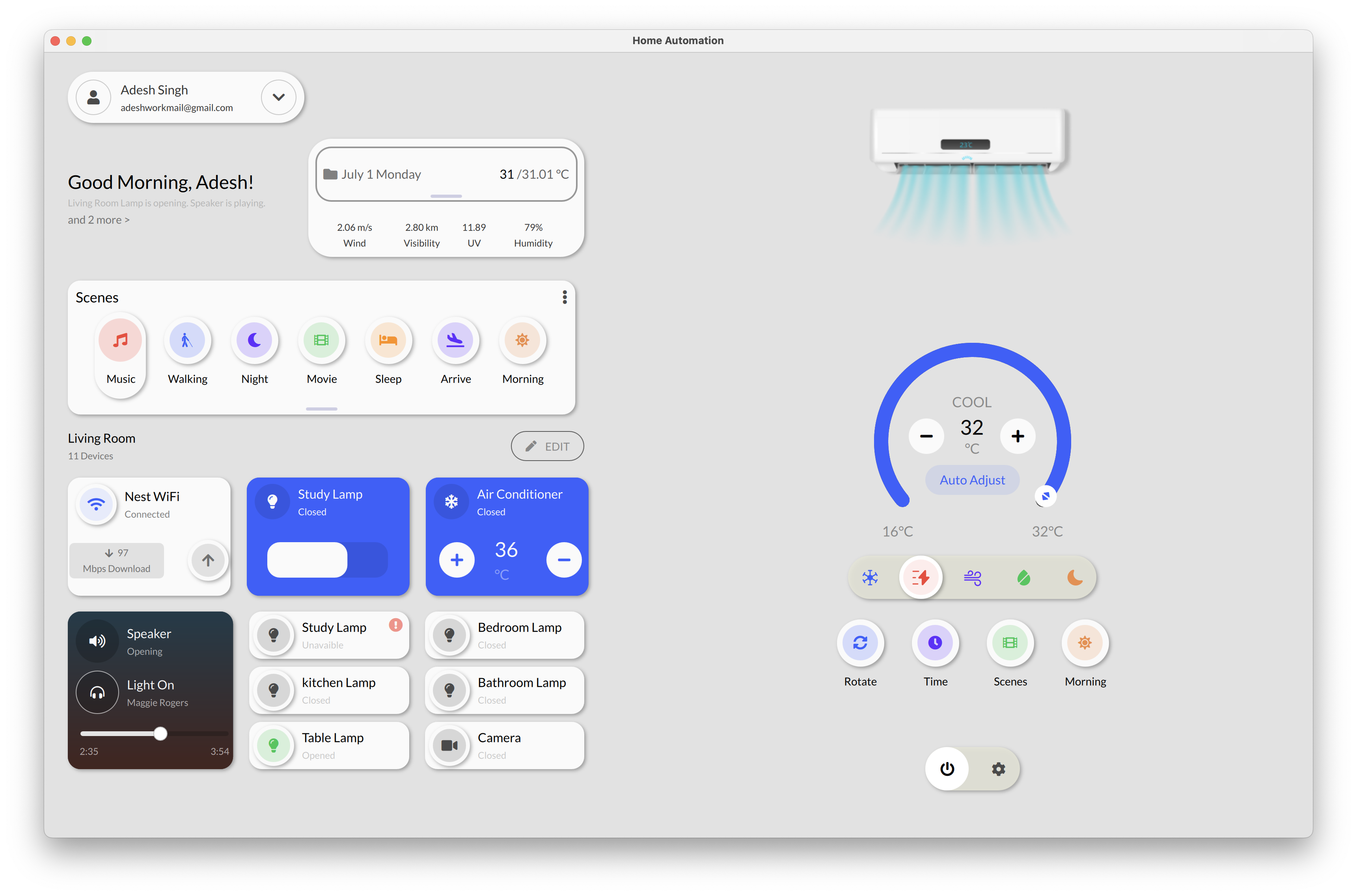 Lighting & Ambience Control Qt/QML interface screenshot